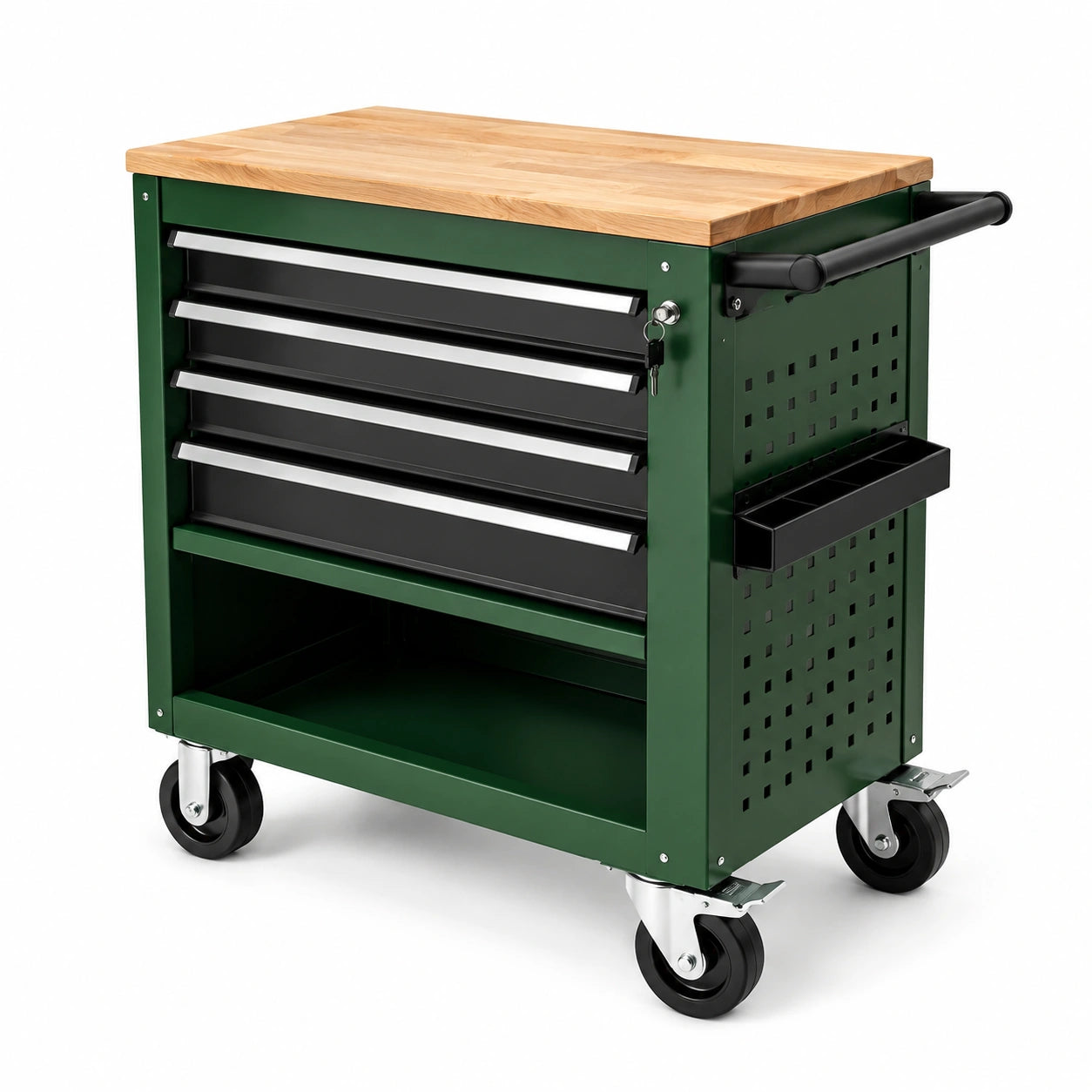 Werkzeugwagen Stahl Eichenholz Grün/Schwarz 4 Schubladen 75x35x85cm