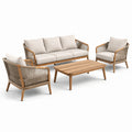 Zestaw wypoczynkowy z drewna teak i poliestru, beżowy, sofa trzyosobowa, fotele, stolik