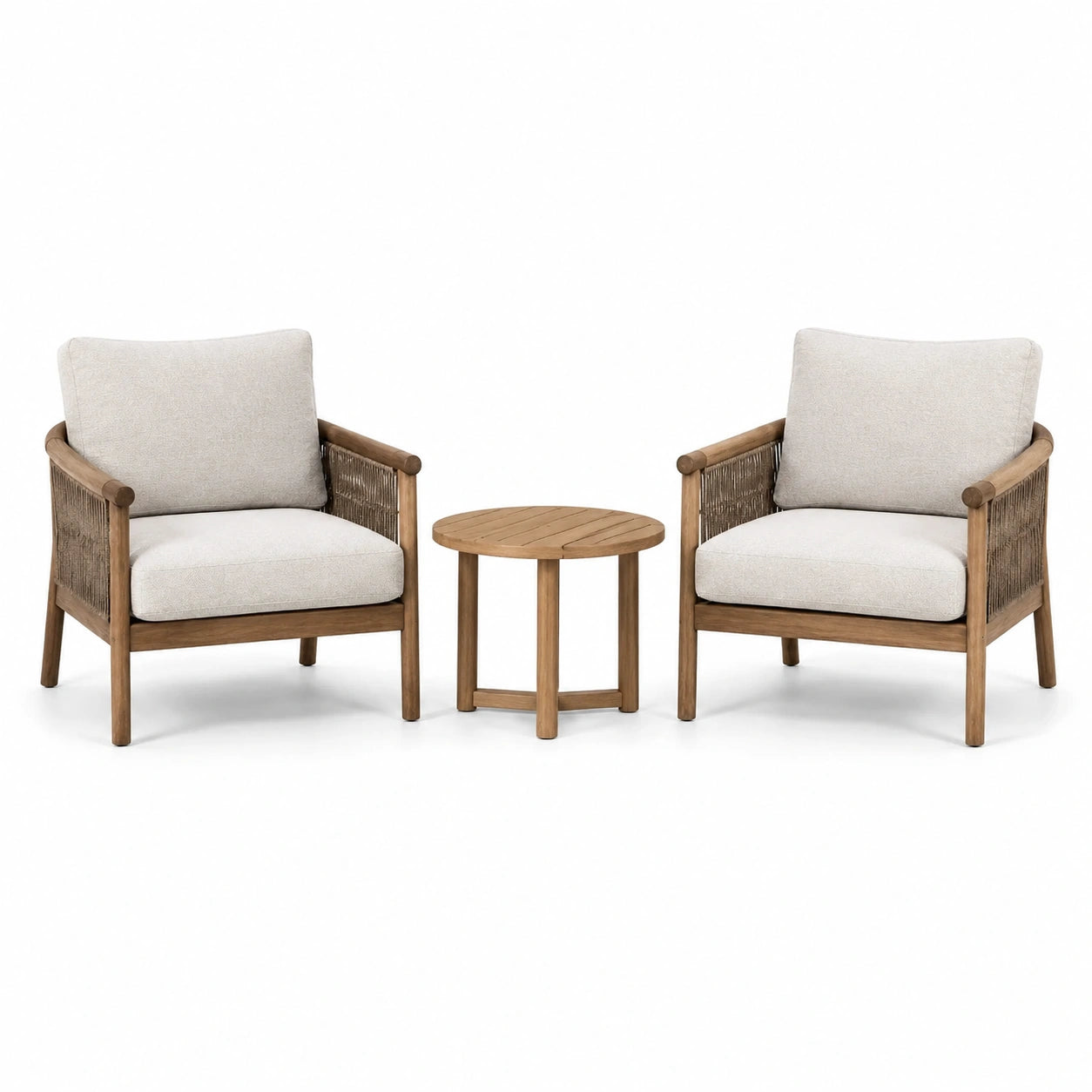 Set aus Teakholz-Sesseln und Tisch Rund Beige