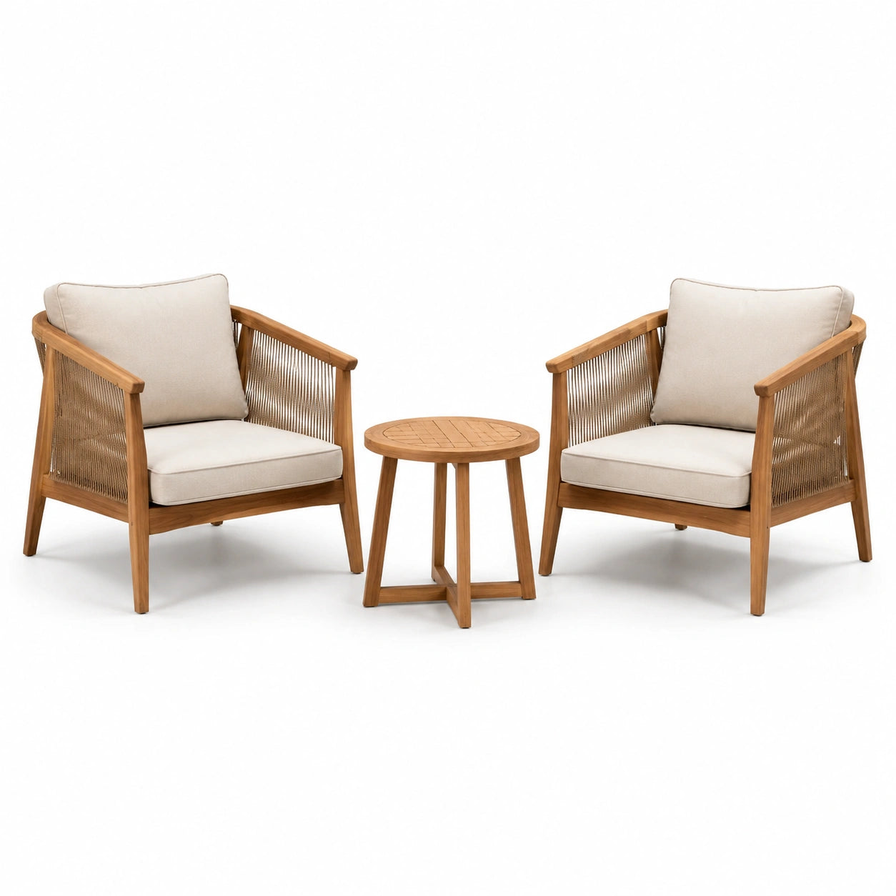 Holz Gartenmöbel-Set mit 2 Sesseln und Tisch, Beige/Teak