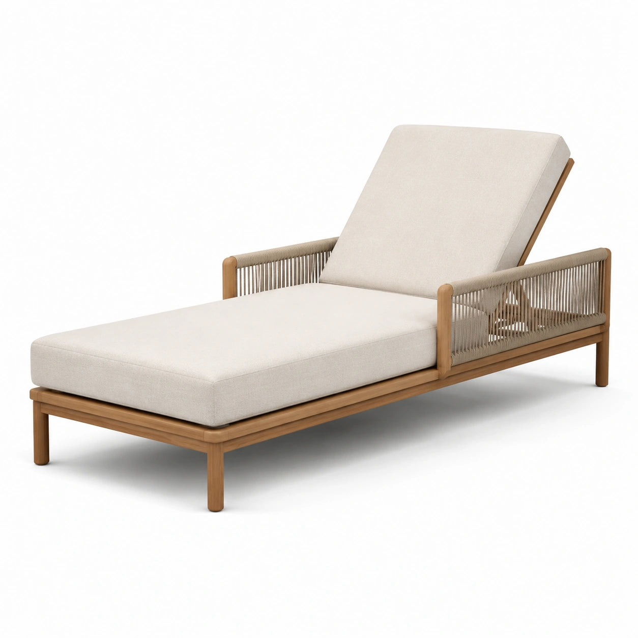 Teakholz-Gartenliege mit Polyesterbezug in Beige, verstellbar