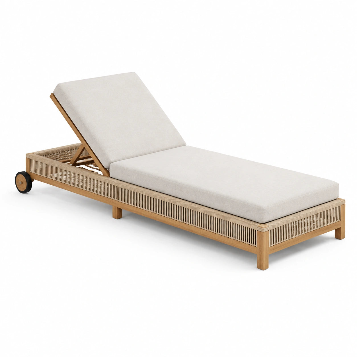 Verstellbare Sonnenliege aus Teakholz und Olefin-Stoff, beige