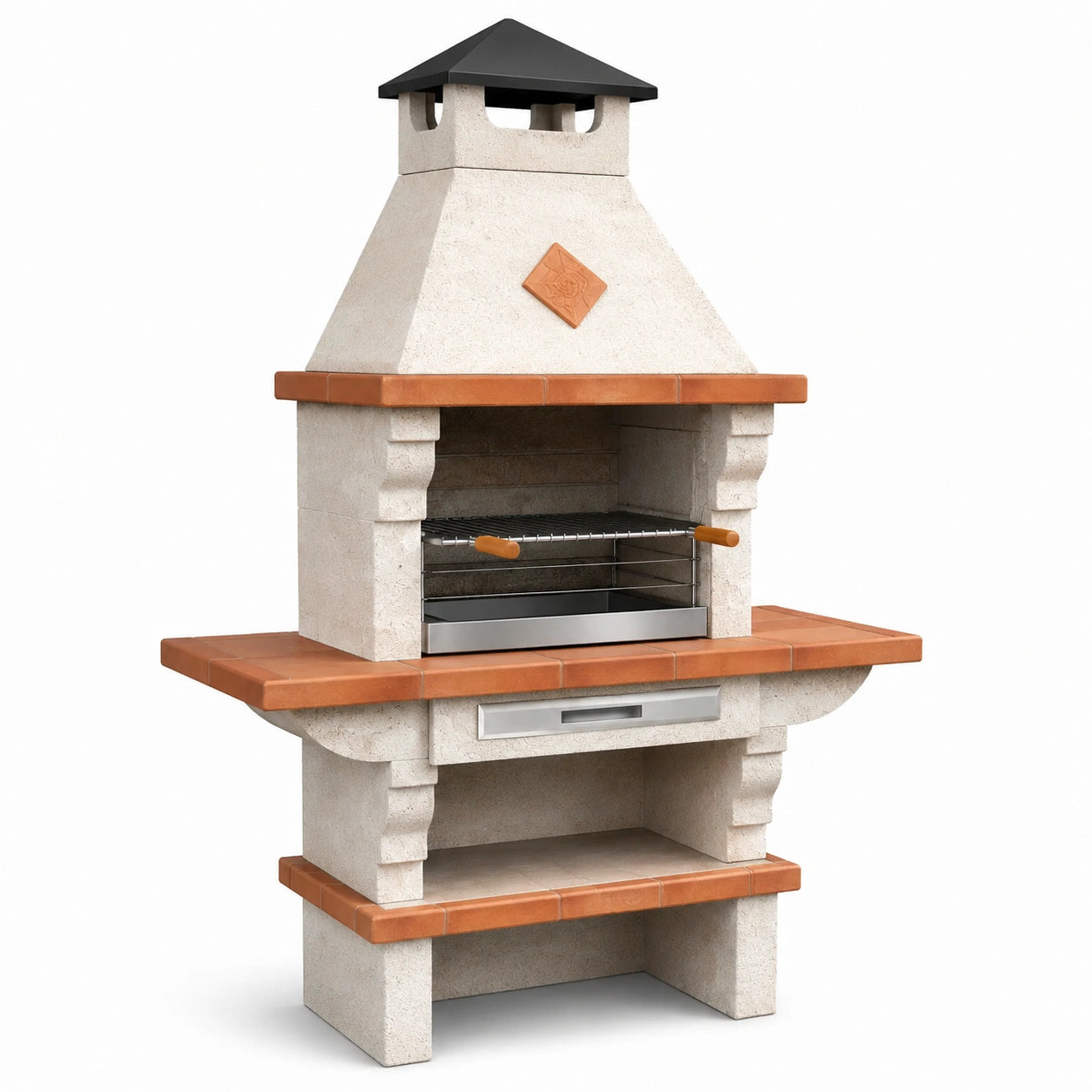 Grillkamin aus Beton mit Terrakotta-Akzenten