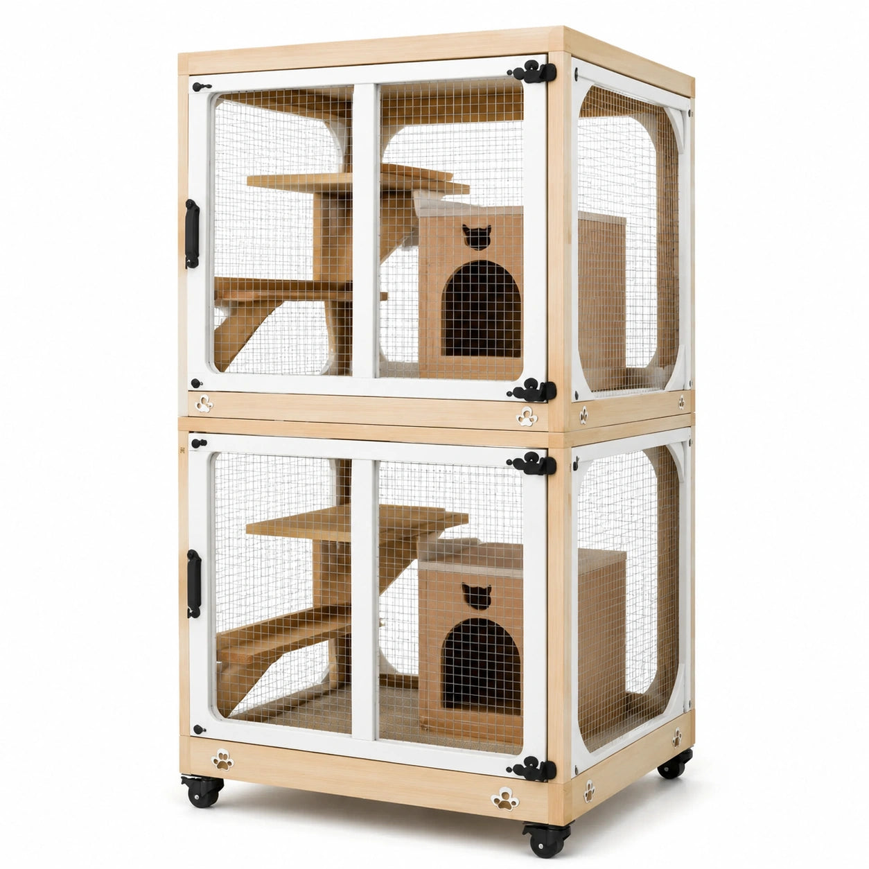 Katzengehege aus Holz mit Stahldraht und Rollen für Innenbereich
