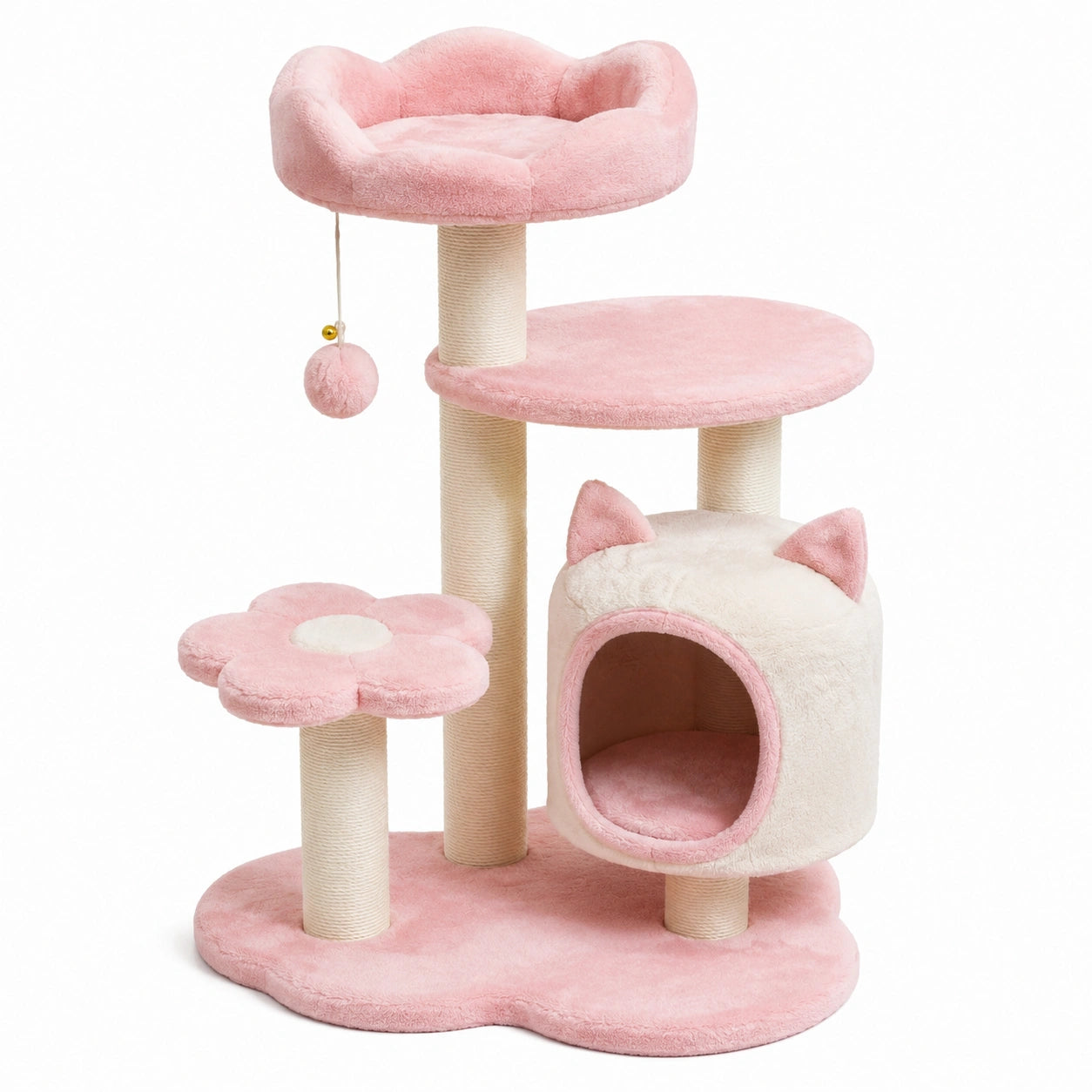 Plüsch-Katzenkratzbaum Rosa mit Höhle und Blumen-Design